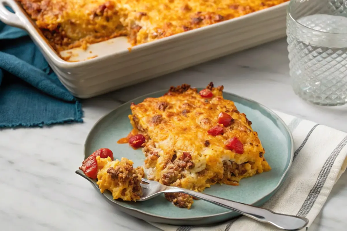 baked-casserole-with-ground-meat-cheese-and-tomatoes-served-on-a-plate-with-a-fork