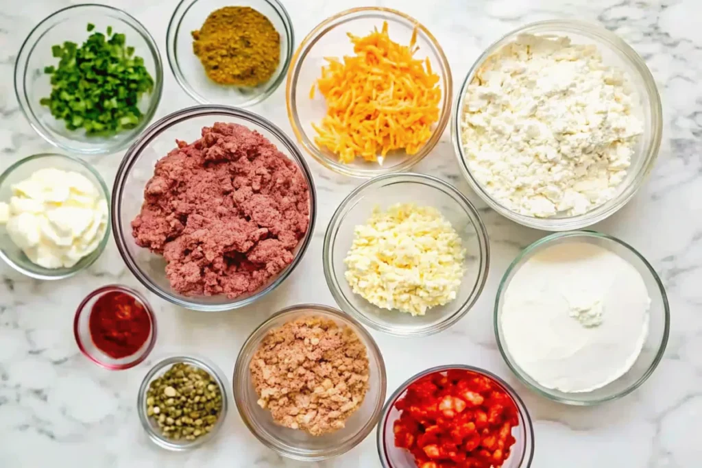 Various ingredients for the casserole recipe, including ground beef, cheese, spices, and fresh vegetables, organized in bowls.