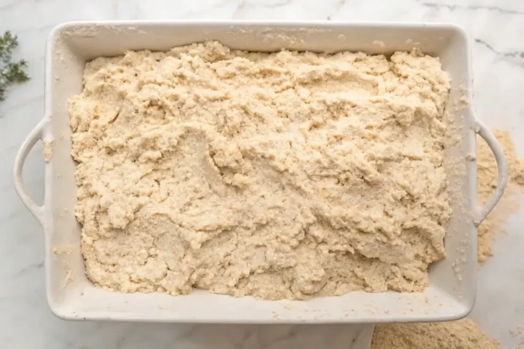 unbaked-light-tan-dough-in-a-white-rectangular-baking-dish-ready-for-the-oven-marble-countertop-background