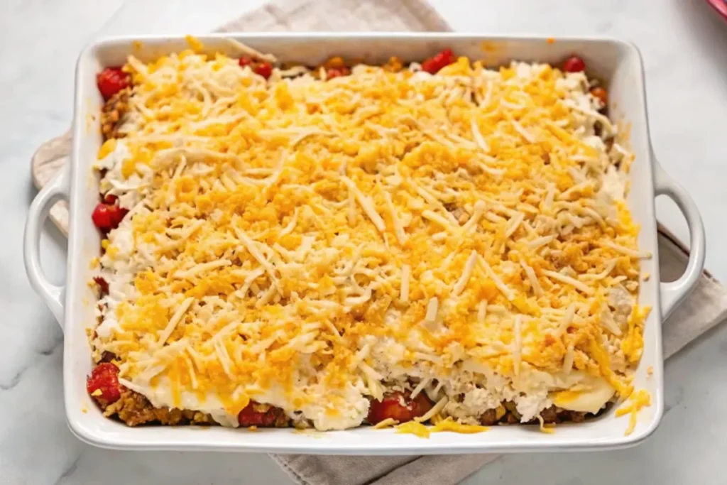 A baking dish filled with casserole ingredients, topped with shredded cheese, ready to go into the oven.
