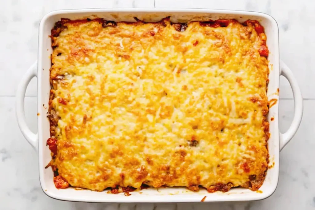 A baked casserole with golden, bubbly cheese on top, served directly in the baking dish.