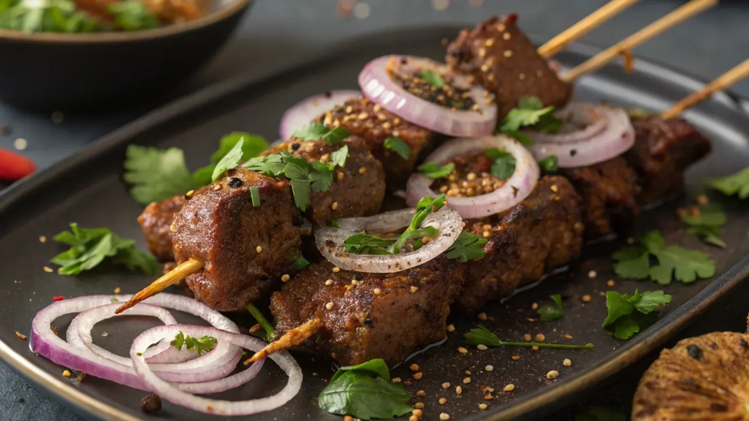 Grilled chicken hearts on skewers, served on a black plate with sliced red onions, fresh parsley, and a sprinkle of spices. The background includes a bowl of salad and a textured tablecloth.