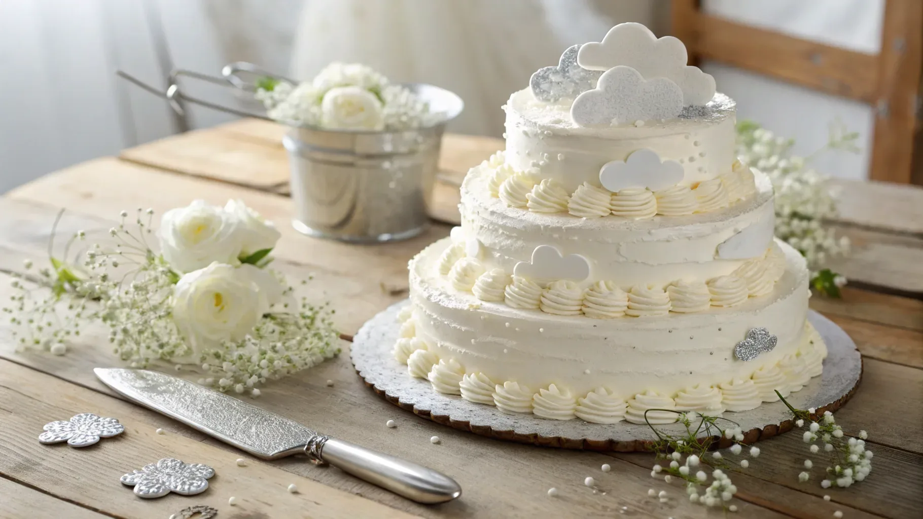 A two-tier white cloud cake decorated with piped buttercream swirls, cloud-shaped fondant pieces, and edible silver glitter. The cake is surrounded by white roses and a silver cake knife on a rustic wooden table.