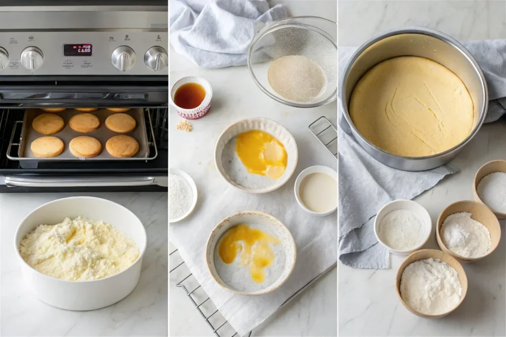 Cloud Cake Preparation Process A collage of steps involved in making a cloud cake, including baking the cake layers in the oven, sifting dry ingredients, whisking wet ingredients, and the baked cake in a round tin on a cooling rack.