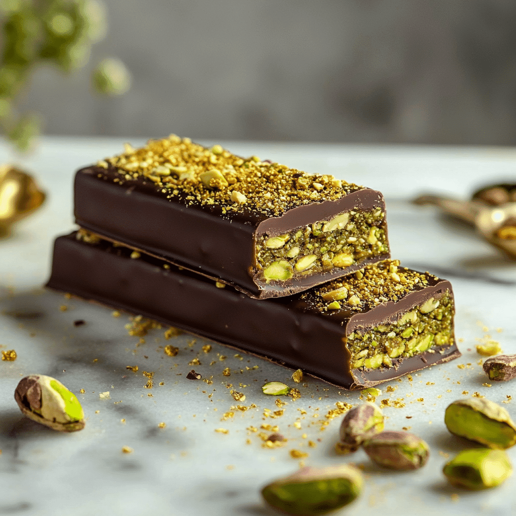 Close-up of Dubai chocolate bar with glossy chocolate shell, layered pistachio cream, and crispy kataifi pastry on a marble background, topped with pistachio crumbs and gold dust