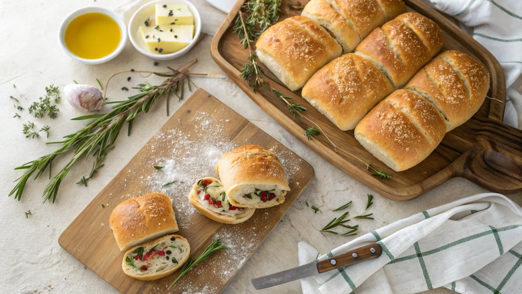 An assortment of golden sandwich rolls, including brioche, Kaiser, and ciabatta, displayed on a wooden board with flour and rosemary.