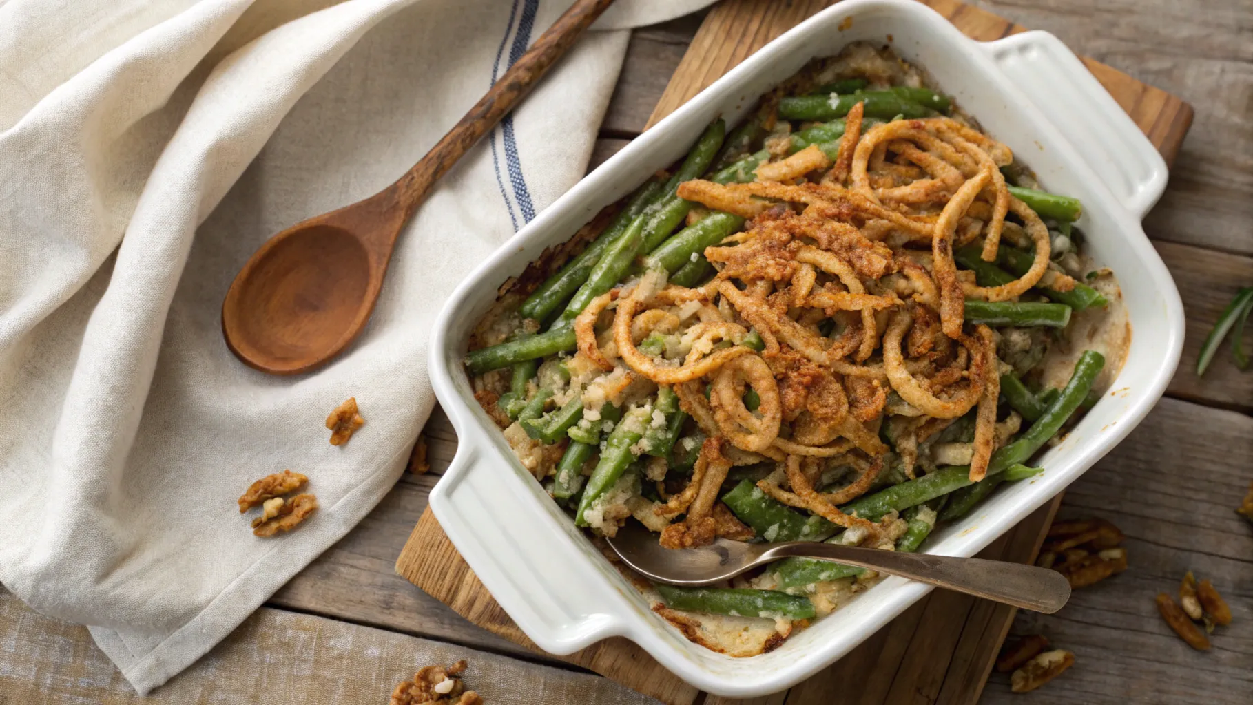 Baked green bean casserole topped with crispy fried onions in a white baking dish.