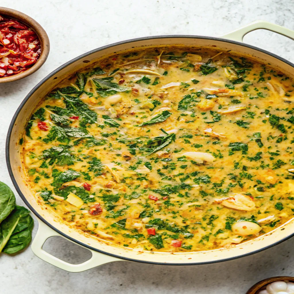 A pot of creamy chicken soup with spinach, shredded chicken, and herbs, ready to serve.