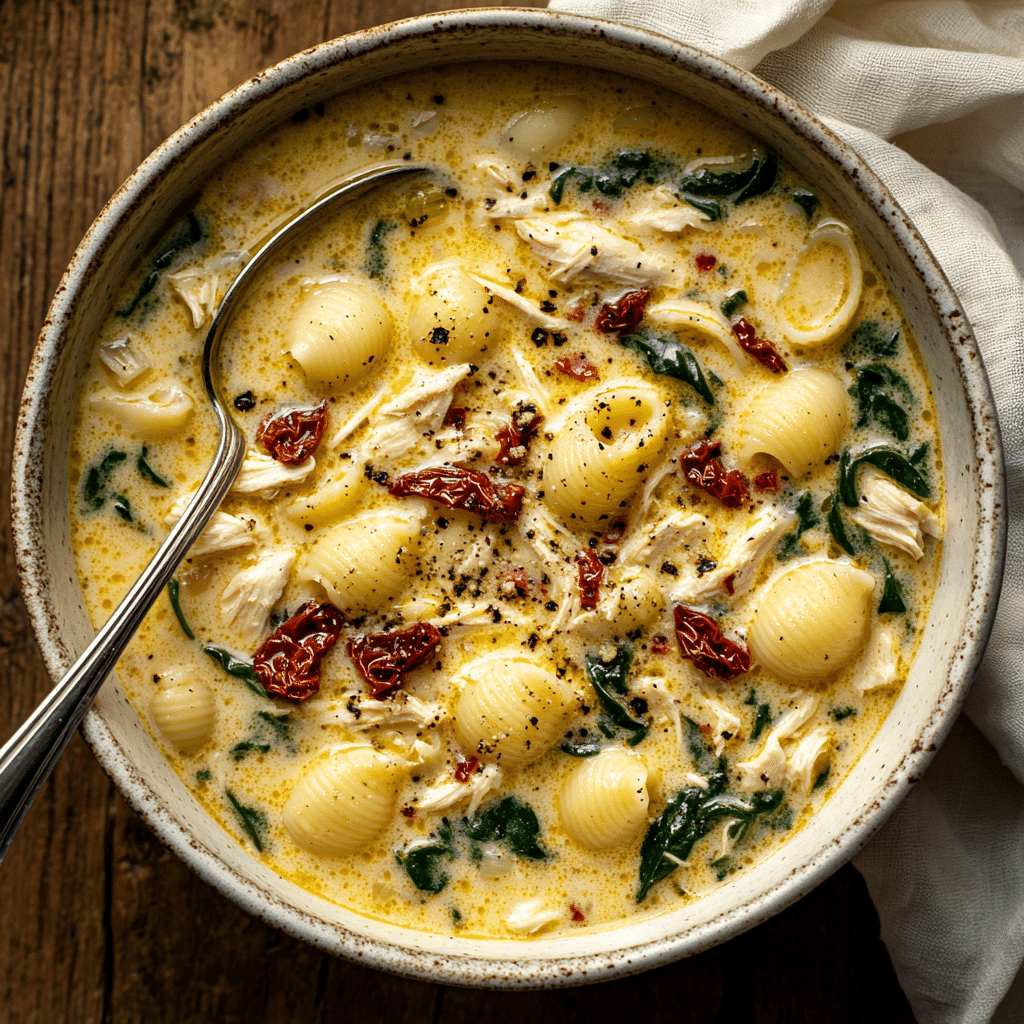 Bowl of creamy Marry Me Chicken Soup with pasta shells, sun-dried tomatoes, spinach, and grated Parmesan, served hot in a rustic bowl.