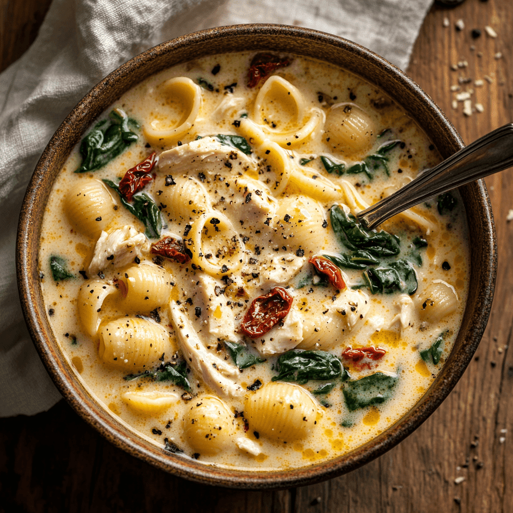 Marry Me Chicken Soup with pasta, spinach, and sun-dried tomatoes in a creamy broth