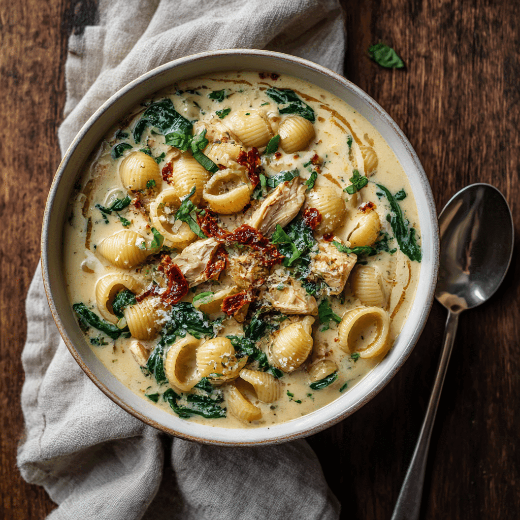 Overhead view of Marry Me Chicken Soup with pasta, spinach, and sun-dried tomatoes in a creamy broth