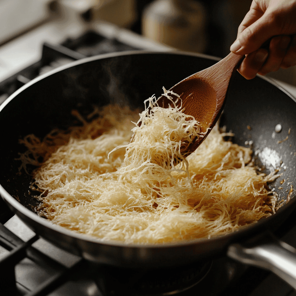 Toasting kataifi pastry in a frying pan until golden brown with a wooden spoon.
