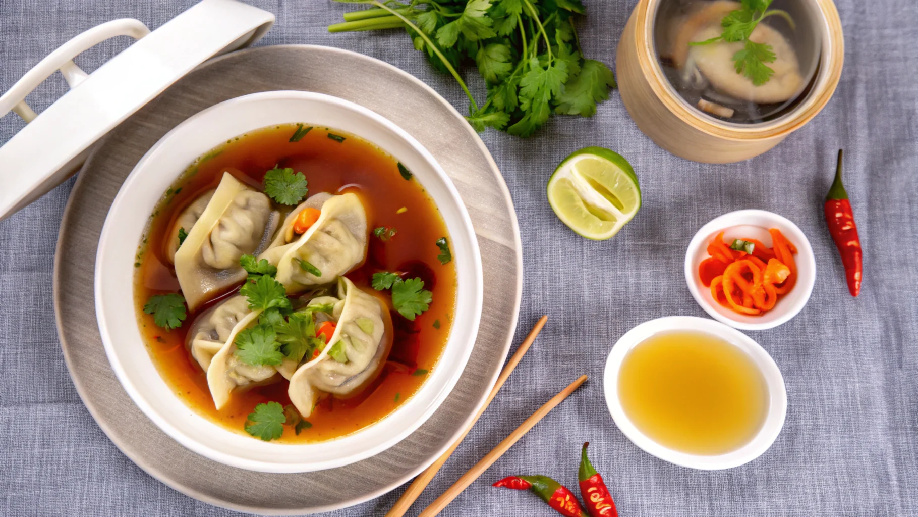 A bowl of vegan dumpling soup served in rich umami broth, garnished with fresh cilantro, red chili slices, and lime wedges, with chopsticks and condiments on the side.