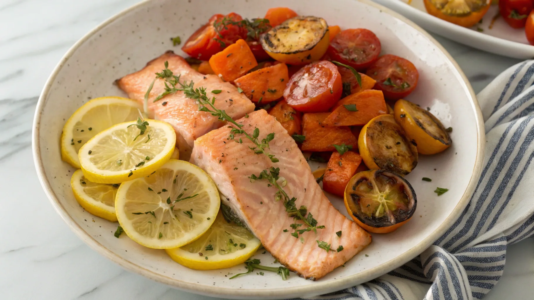 A plate of grilled salmon served with roasted sweet potatoes, cherry tomatoes, and lemon slices, garnished with fresh thyme.