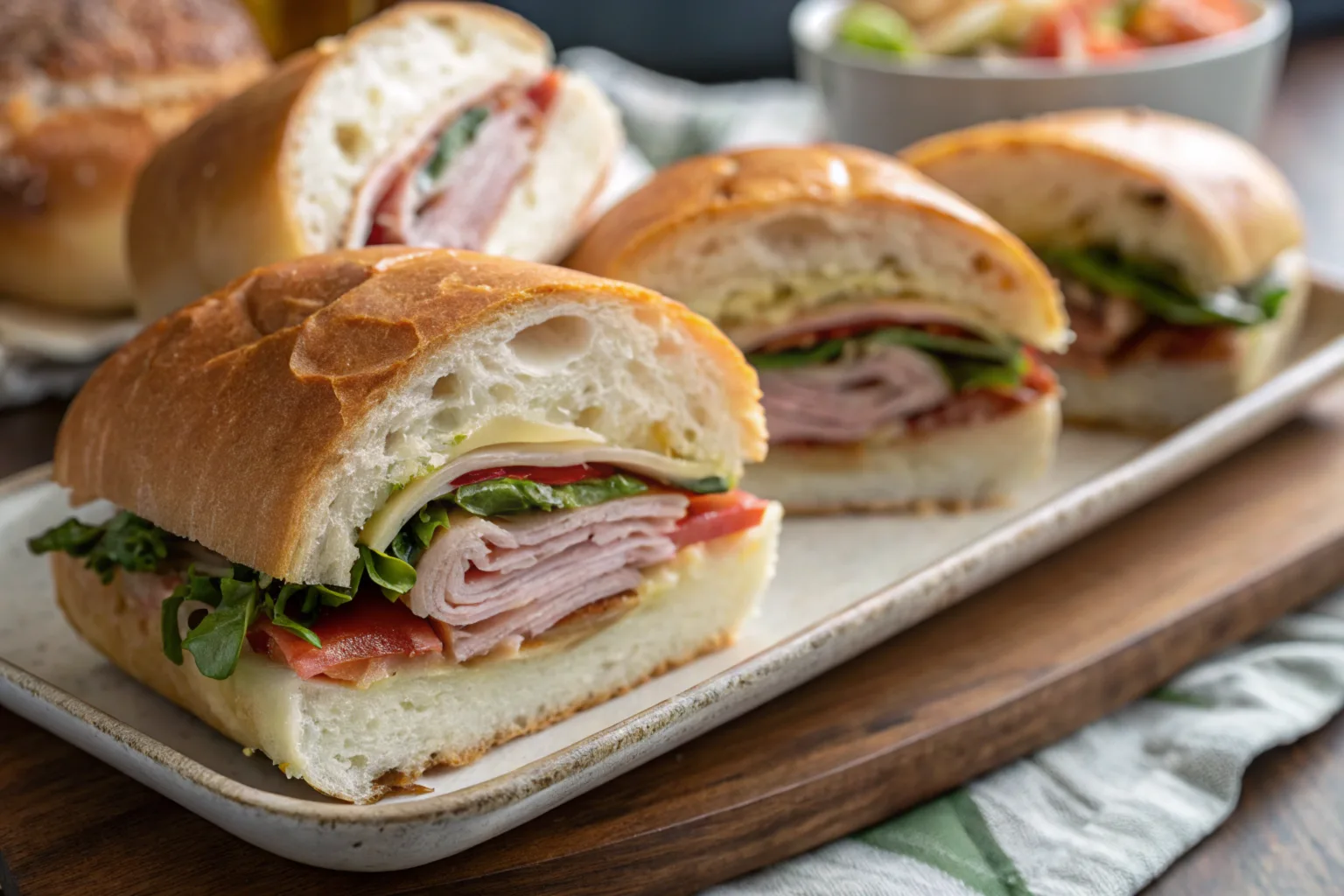 Sandwich rolls filled with ham, cheese, lettuce, and tomato, arranged on a rectangular plate for serving.