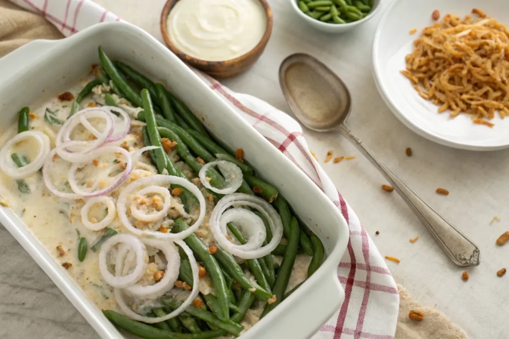Partially assembled green bean casserole with creamy sauce and onions in a baking dish, ready for the oven.