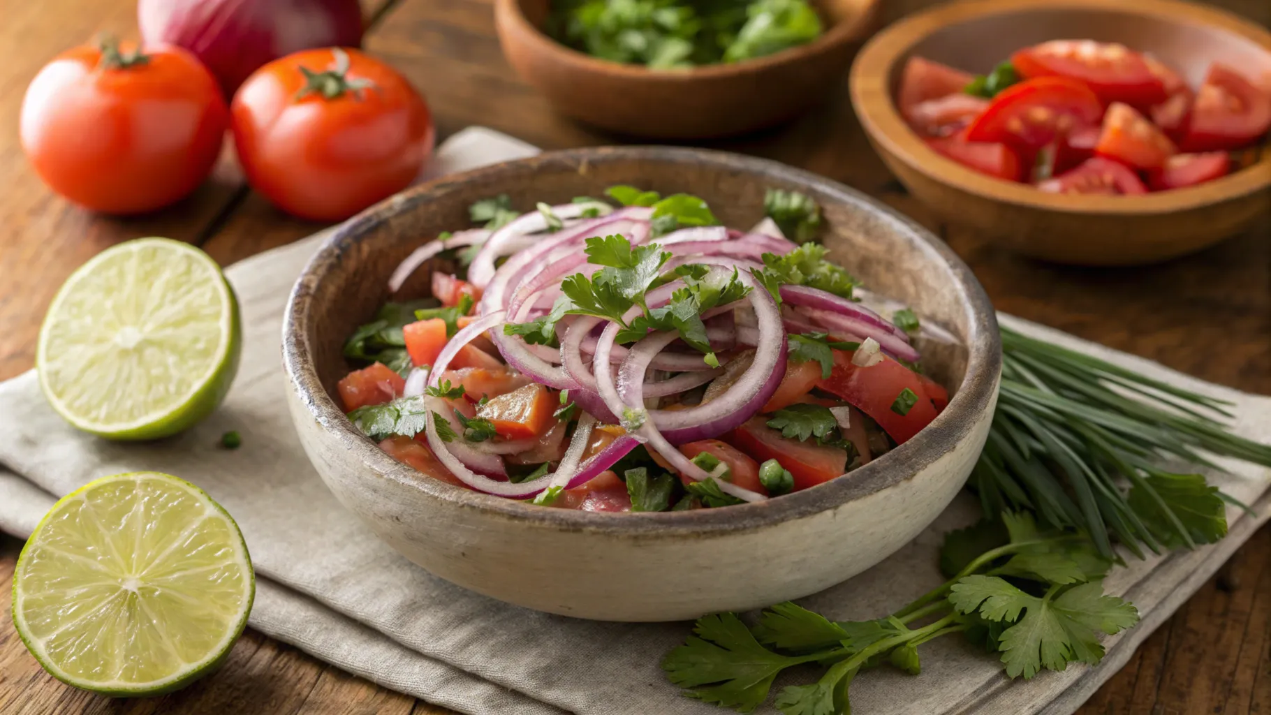 Cebolla ensalada in a rustic bowl with fresh ingredients.