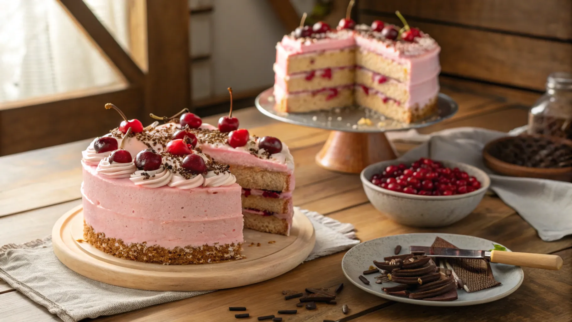 Cherry chip cake with frosting and cherries on a wooden table.