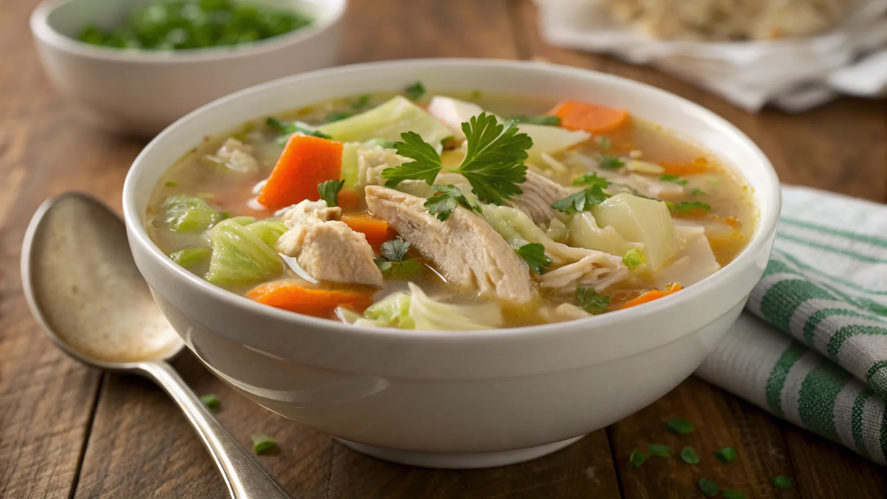 A warm bowl of chicken and cabbage soup with chunks of chicken, cabbage, carrots, and celery in a light broth. Garnished with fresh parsley, the bowl is placed on a wooden table alongside a spoon and a green-striped napkin.