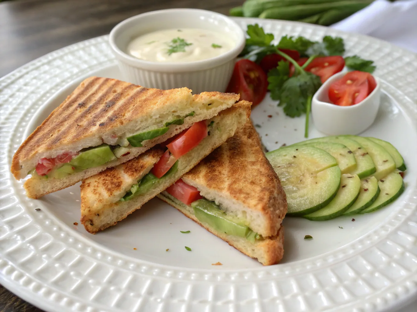 Grilled chicken chipotle melt with avocado, tomatoes, and cucumber slices on a white plate.