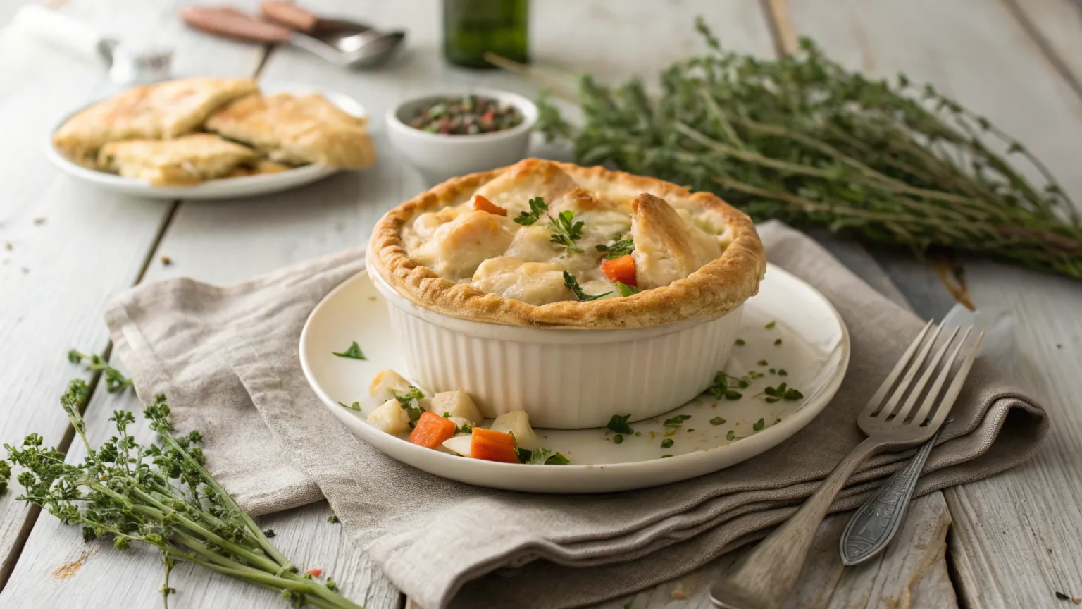 Golden brown chicken pot pie served in a ramekin, garnished with fresh herbs on a rustic table.