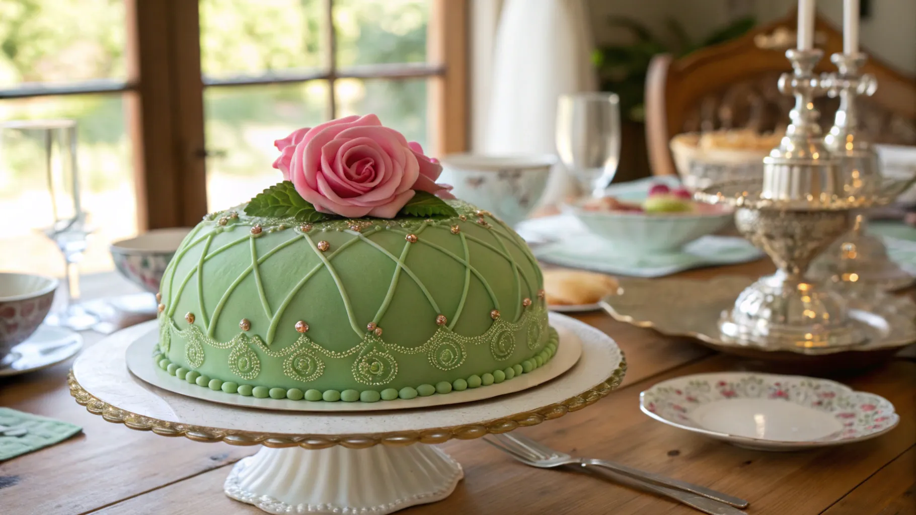 Traditional Princess Cake with green marzipan and a pink rose