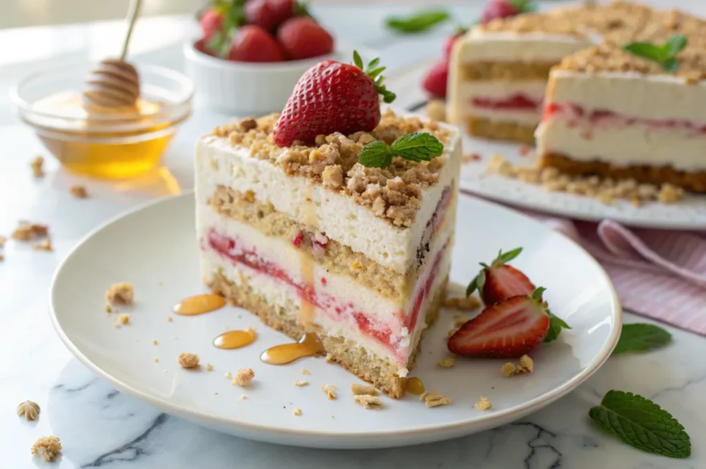 Classic strawberry crunch cake slice with granola topping and fresh strawberries.
