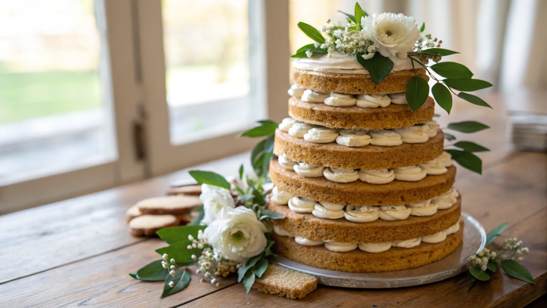 A multi-layered cookie cake with creamy filling between layers, topped with white flowers and green leaves, set on a rustic wooden table by a window.