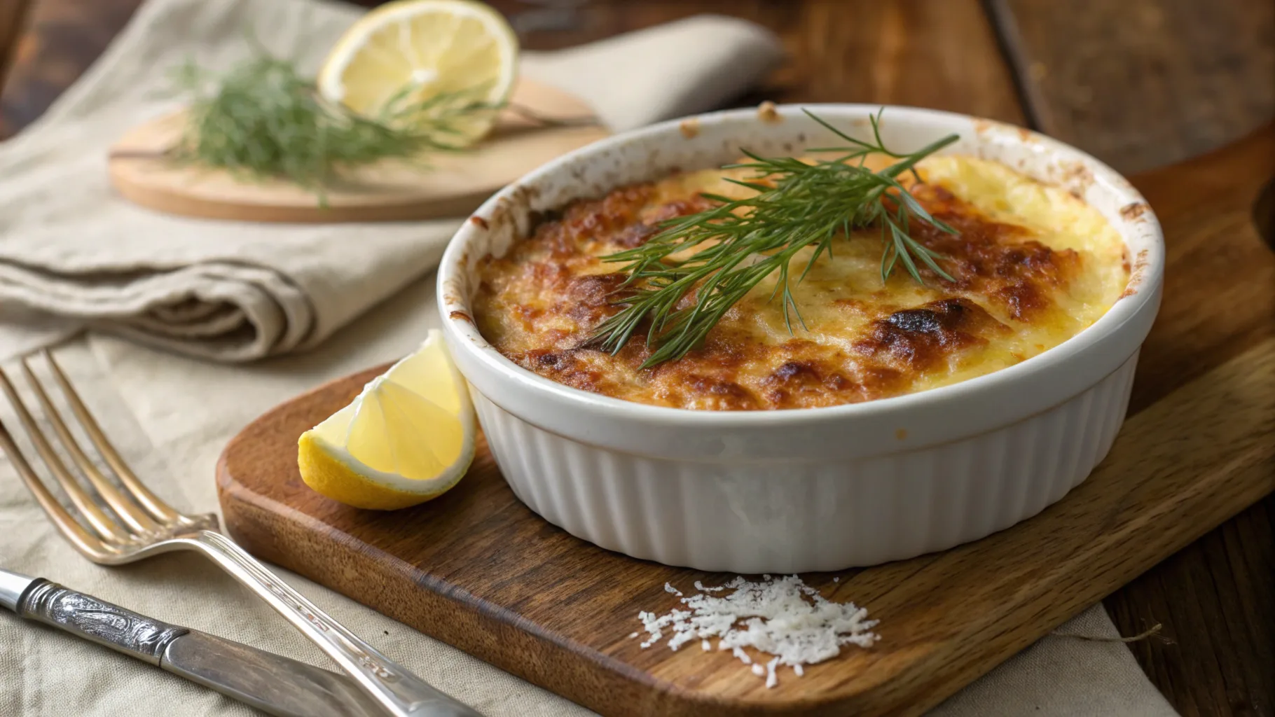 A golden-brown crab brulee served in a white ceramic ramekin, garnished with fresh dill sprigs, accompanied by lemon wedges and rustic cutlery on a wooden serving board.