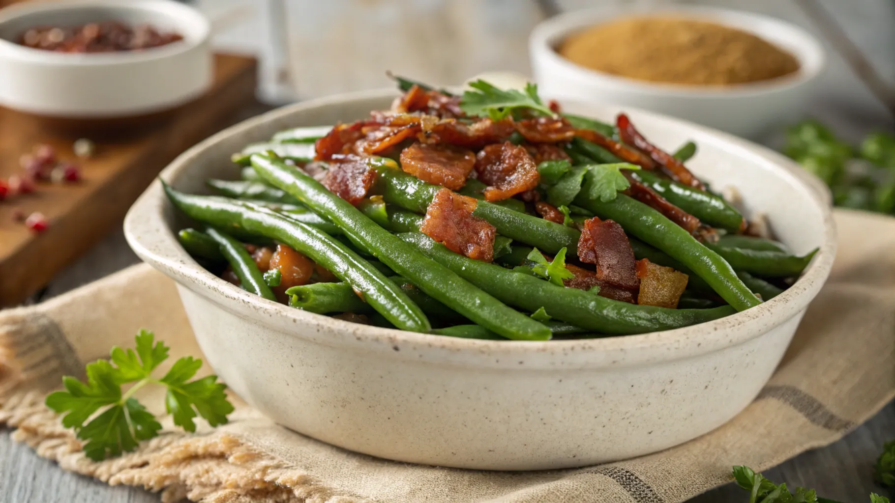 Crack green beans with caramelized sauce and bacon in a white bowl.