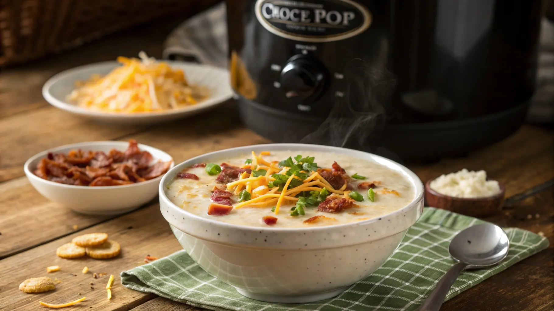 Bowl of creamy Crock Pot Crack Potato Soup with bacon and cheese.