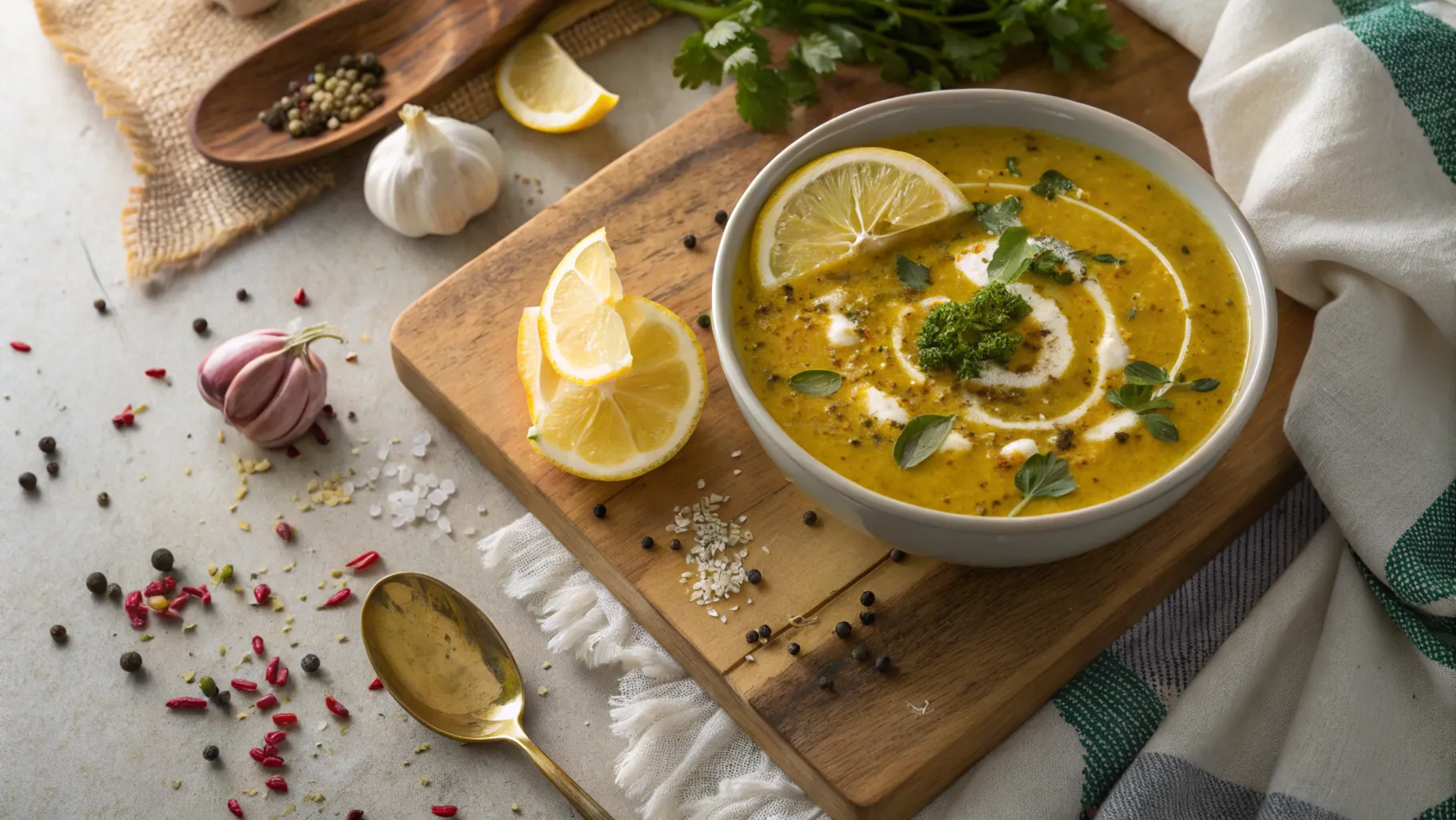 A bowl of golden broth soup garnished with fresh herbs, cream, and lemon slices on a rustic kitchen table.