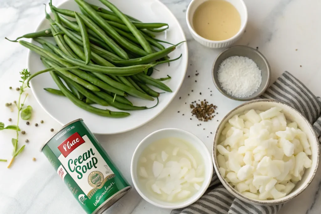 fresh green beans, cream soup, onions, and seasoning ready for green bean casserole.
What are the ingredients in a green bean casserole?