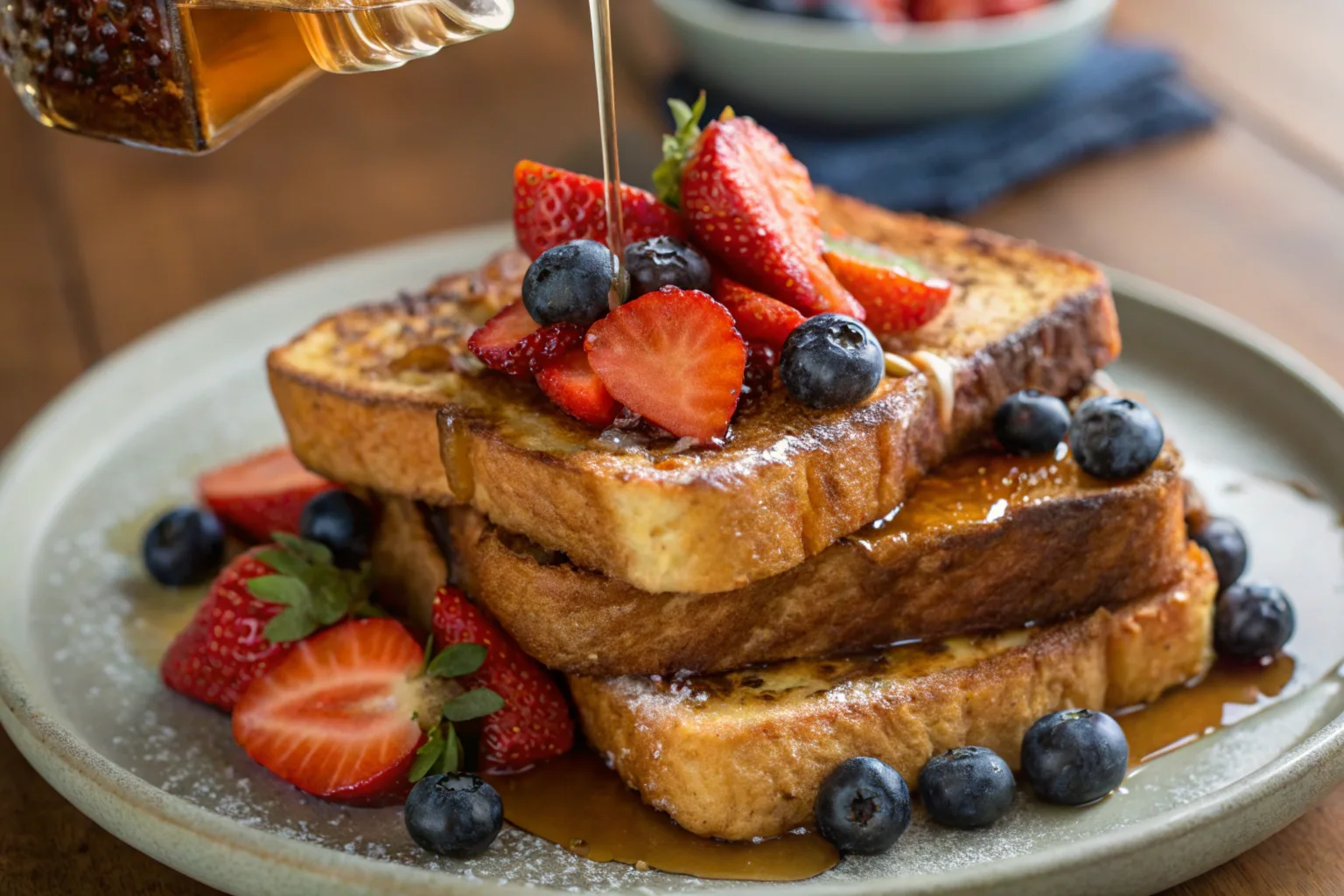 stacked-french-toast-topped-with-strawberries-blueberries-and-maple-syrup-being-poured-on-top