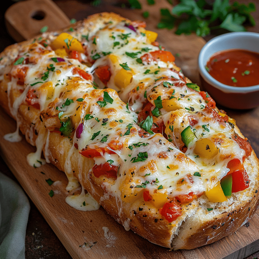 Close-up of garlic bread pizza topped with melted mozzarella, colorful bell peppers, herbs, and served with marinara dipping sauce.