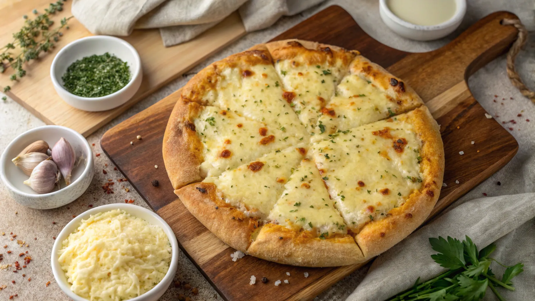 Close-up view of a golden, crispy garlic bread pizza topped with melted cheese and herbs.