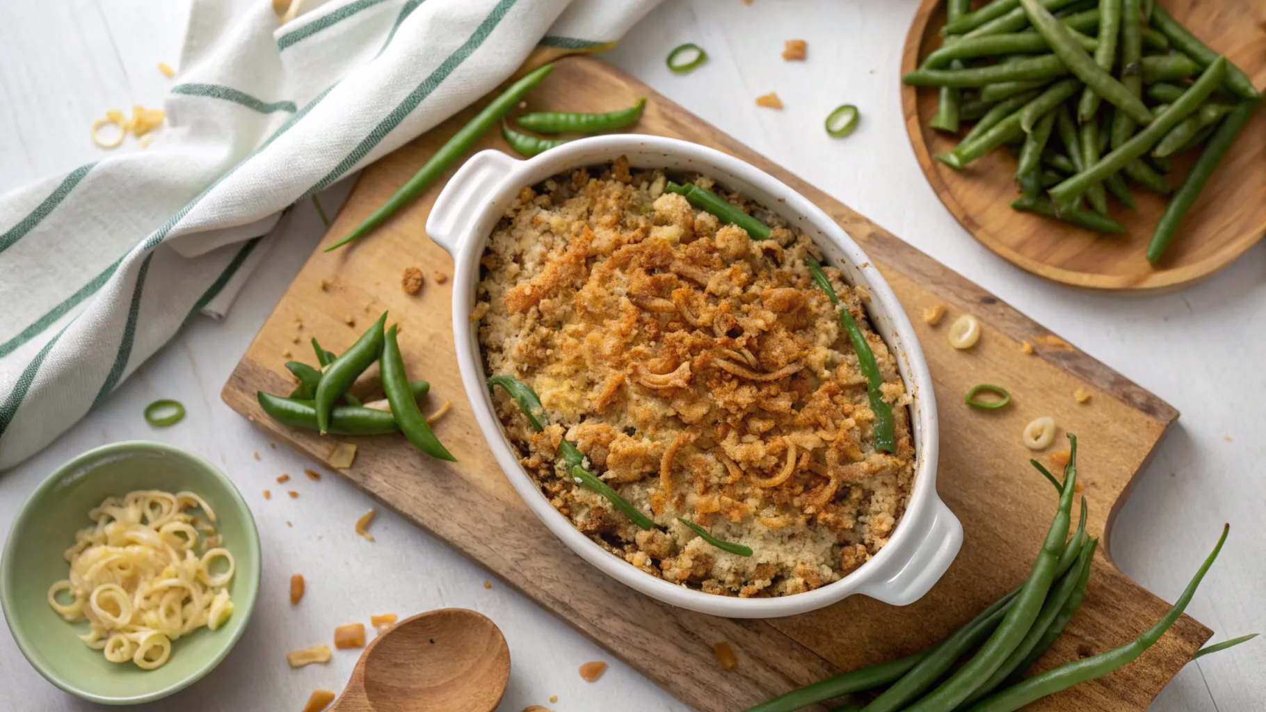 Close-up overhead view of a warm green bean casserole with crispy topping on a rustic board.