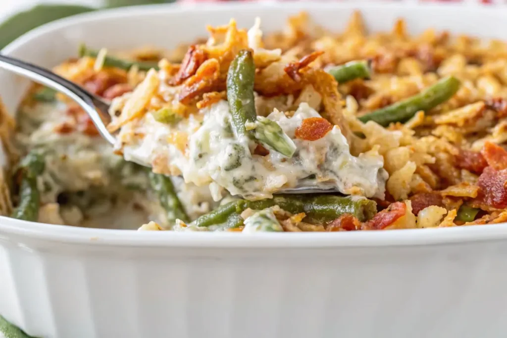 green-bean-casserole-in-white-dish-topped-with-fried-onions-and-bacon-being-scooped-with-a-spoon
