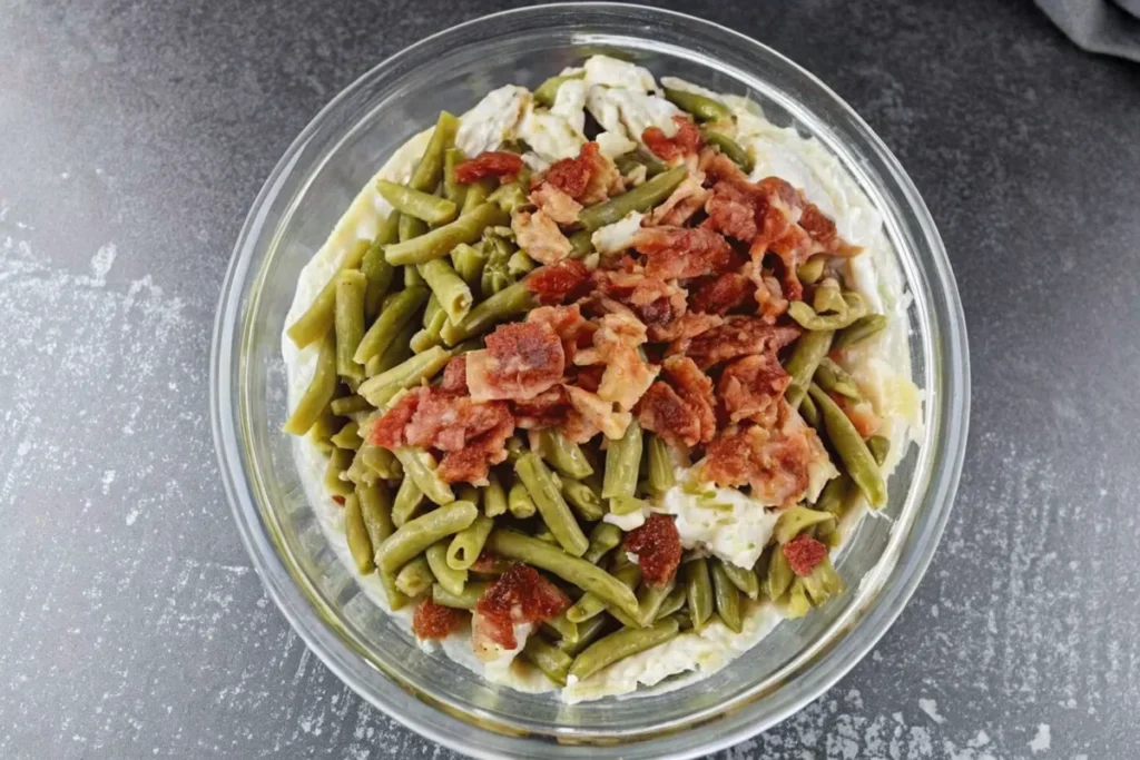 green-bean-casserole-in-glass-bowl-topped-with-bacon-bits-creamy-sauce-base-visible