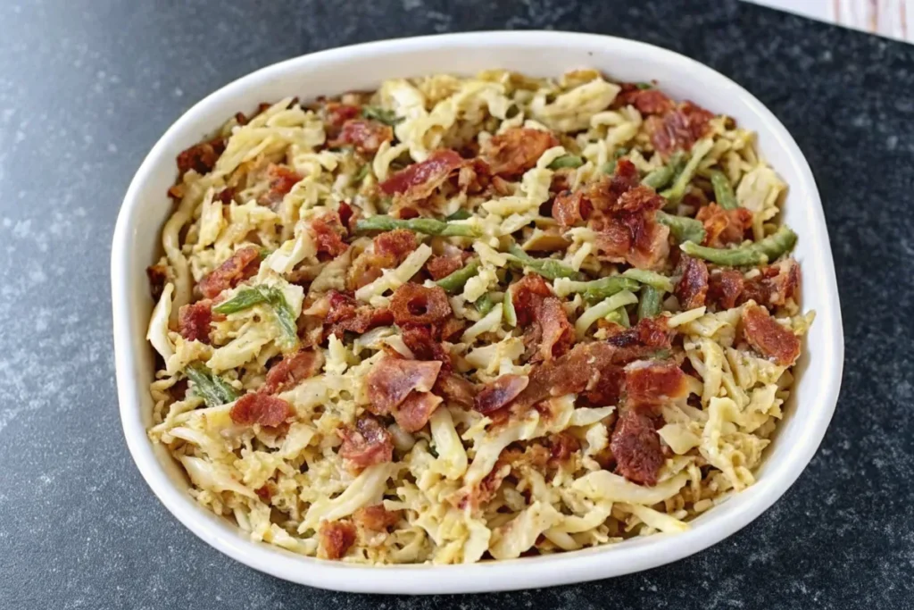 bacon-green-bean-casserole-in-white-dish-crispy-bacon-pieces-and-green-beans-over-creamy-noodles
