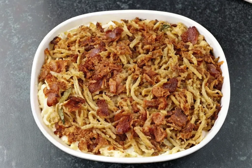 creamy-casserole-in-white-dish-topped-with-fried-onions-and-bacon
