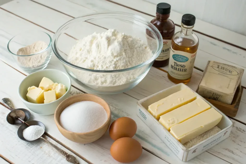 Cloud Cake Ingredients on a Rustic Table A selection of ingredients for baking a cloud cake, including flour in a glass bowl, butter in a ceramic dish, sugar in a wooden bowl, eggs, and vanilla extract bottles, displayed on a white wooden table.