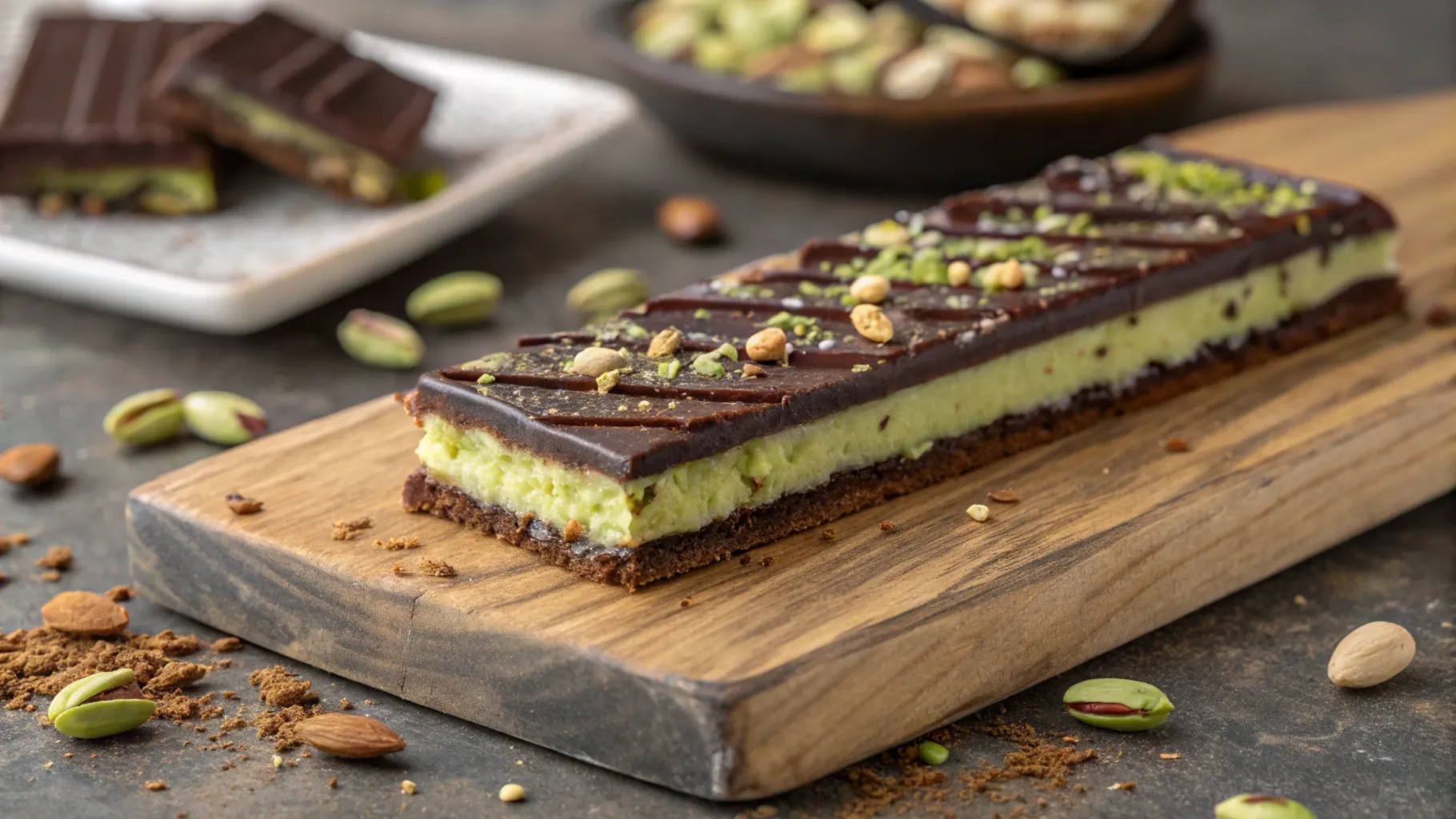 Dubai chocolate bar with kataifi base, pistachio filling, and dark chocolate coating.