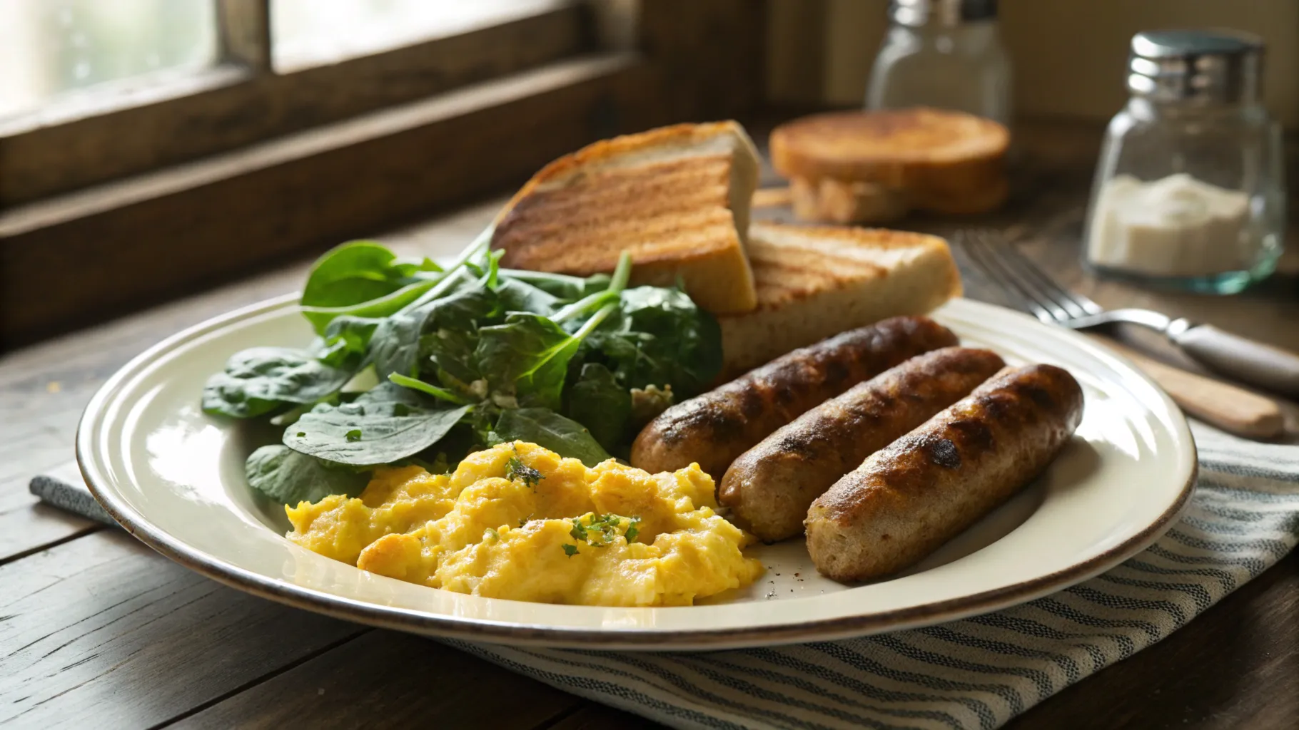 Healthy breakfast plate with low fat breakfast sausage, eggs, and spinach.