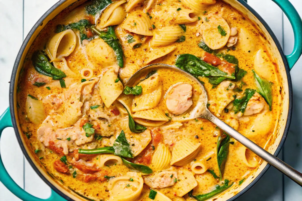 A close-up of a creamy chicken soup with shell pasta, spinach, and herbs in a pot, with a ladle ready to serve.