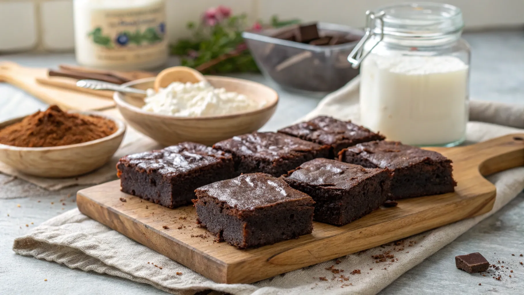 Cottage Cheese Brownies on a wooden board.