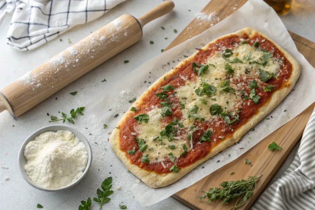 Preparing Garlic Bread Pizza for Baking Half-assembled garlic bread pizza topped with sauce, cheese, and herbs, ready for baking.