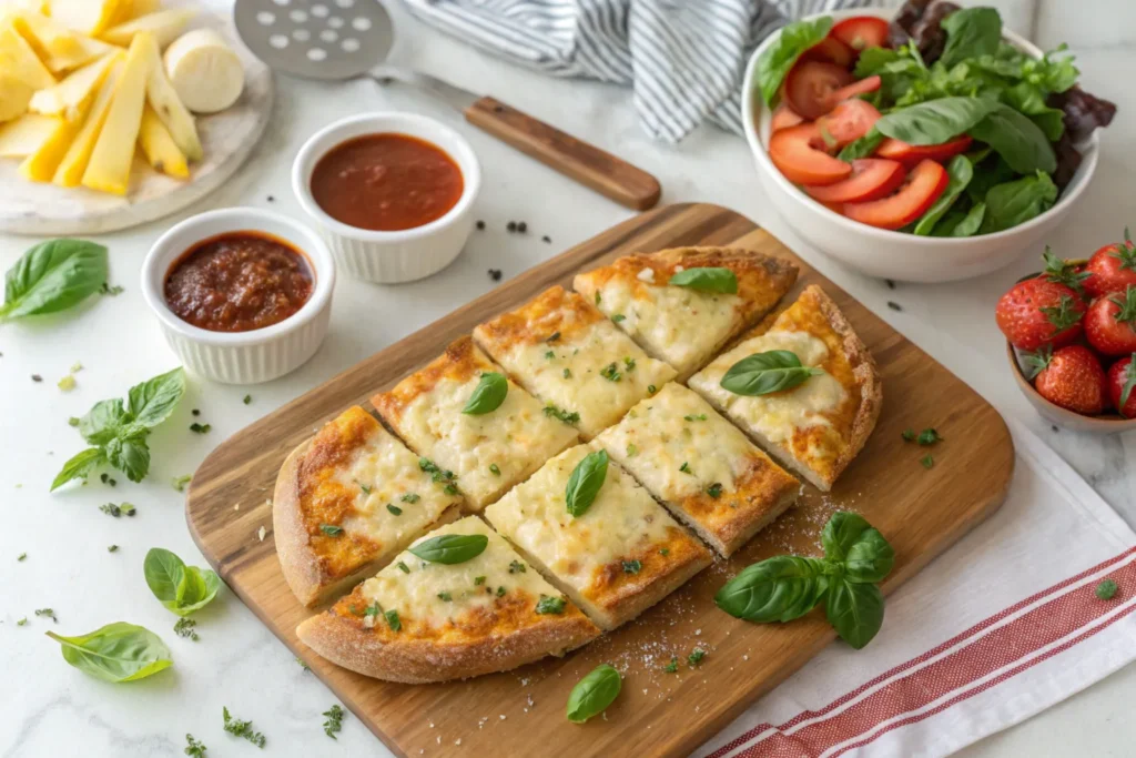 Served Garlic Bread Pizza with Flavorful Accompaniments Sliced garlic bread pizza on a wooden board, served with fresh basil, dips, and a colorful side salad.