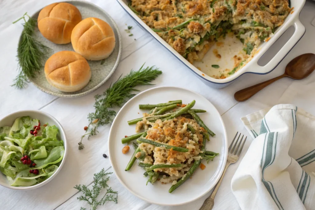 Portioned green bean casserole on plates, served with a fresh salad and bread rolls on a bright dining table.