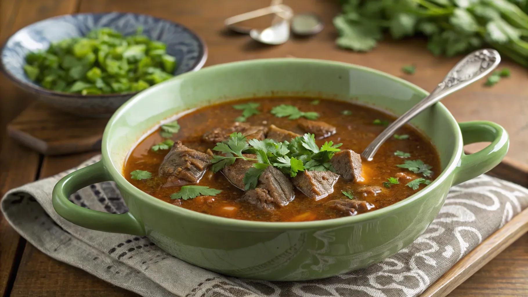 A green bowl filled with hearty beef bone soup, garnished with fresh parsley, served on a wooden tray with additional herbs in the background.